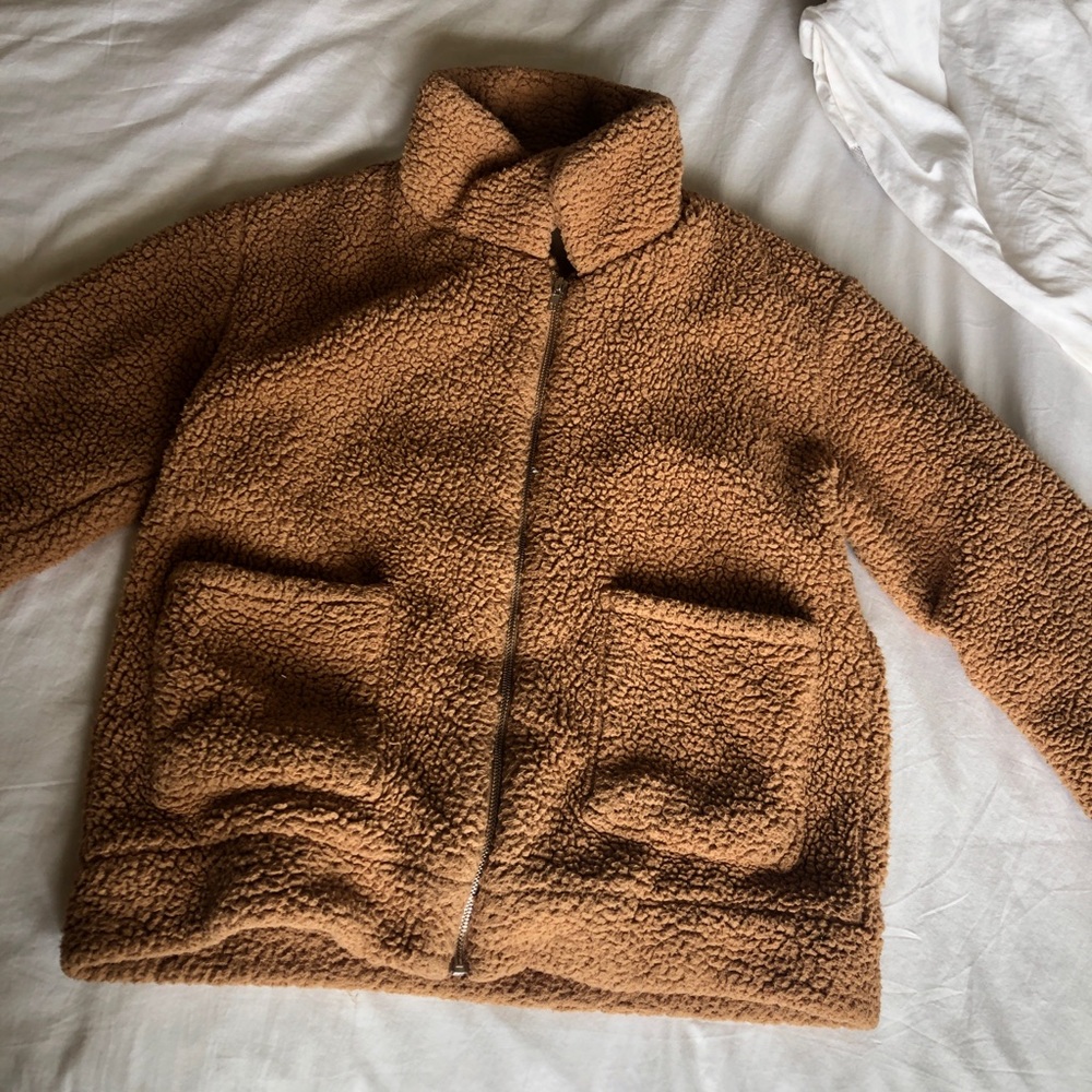 brown fluffy zip up teddy coat jacket small